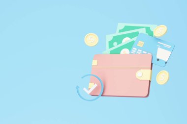 Pembe Cüzdan ve Kredi kartı. Üzerinde mavi pastel arka planda yüzen nakit ve altın sikkeler var. Para biriktiren, parasız toplum konsepti. gerçekçi 3d görüntüleme