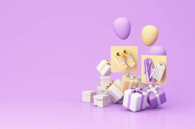 Online store costume clothing concept yellow shoe sneaker and purple coat and sweater dress with cardboard box and gift box with balloon on purple background realistic 3d rendering