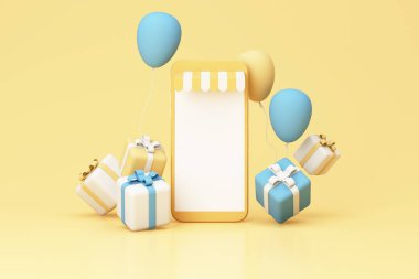 Çevrimiçi mağaza konsepti hediye kutusu üzerinde balon ve telefon ekranı olan sarı arkaplan gerçekçi 3D görüntüleme