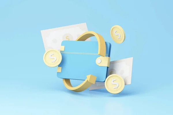 Blauwe Portemonnee Met Cash Gouden Munt Drijvend Met Symbool Van — Stockfoto