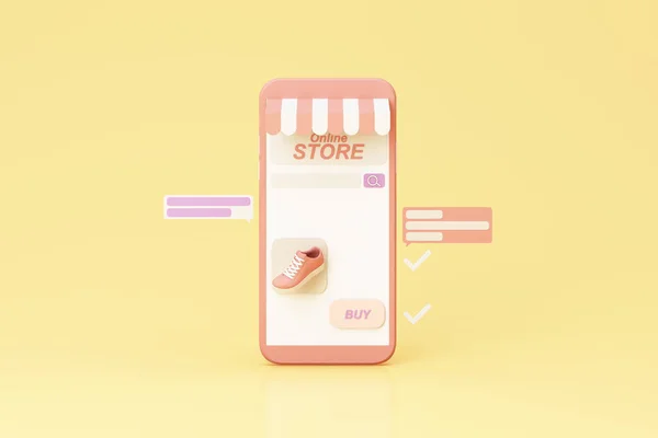 Online Winkel Concept Het Telefoonscherm Met Gestreepte Luifel Pastel Schoenen — Stockfoto