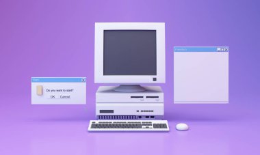 Abstract aesthetic background with 90s style system message windows, old vintage computer, mouse, keyboard, pop up icon system message window on pink and purple gradient y2k style realistic 3d render clipart