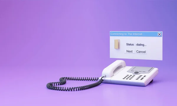 具有90年代风格的系统消息窗口 老式家庭电话 在粉色和紫色梯度上与Internet连接的弹出窗口的抽象美学背景 — 图库照片
