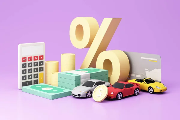 Car (automobile) insurance and collision damage waiver concept surrounding by gold coin and cash with sport car model, and percentage isolated on purple pastel background. realistic 3d render