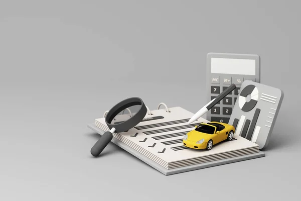 Satıcı, anahtarlığı alıcıya veriyor. araba kiralama veya satış ve araba sigortası veya tasarruf para ve hesap makinesi ve para ile bir araba konsepti satın almak için Pastel arka plan 3d