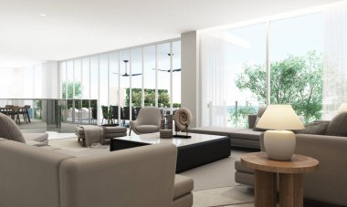 Beyaz tonlarda bilardo villası tasarımı ve minimalist tarzda ahşap malzemelerle döşenmiş minimalist tarzda pahalı fayanslar ve denize bakan geniş pencereli halılar. 3d oluşturma