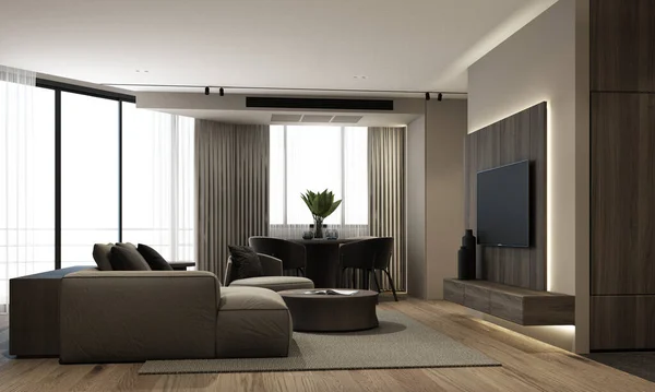 The interior design of the apartment in dark tones and minimal style. With dark wood materials and gray upholstered furniture with large windows and sheer curtains. living area 3d rendering