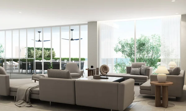 Diseño Interior Villa Piscina Tonos Blancos Caro Con Materiales Madera — Foto de Stock