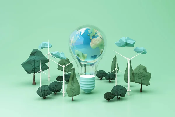 Clean energy concept on World Environment Day or International Day of Forests concept tree and earth globe on light bulb with windmill on pastel background. 3d rendering