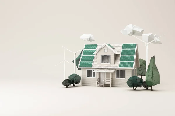 Clean energy concept on World Environment Day or International Day. White house on the roof with solar cells In a natural forest surrounded by trees and windmills. 3d rendering