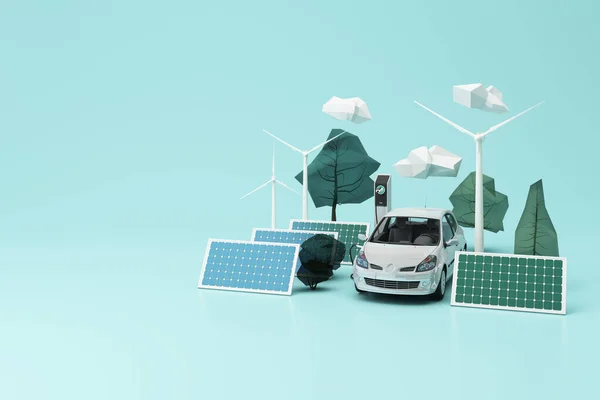 Schone Energie Concept Wereldmilieudag Internationale Dag Witte Auto Zonnecellen Een — Stockfoto