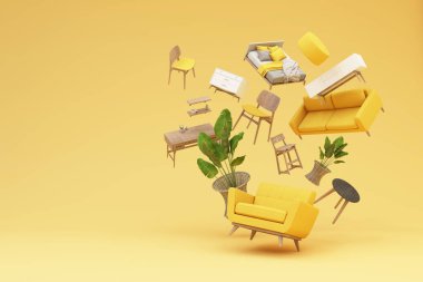 İç dizayn konsepti ev dekorasyonu ve mobilya satışları promosyonlar ve indirimler sırasında, yatak, kanepe, koltuk ve reklam alanları ile çevrilidir. Pastel arka plan. 3d hazırlayıcı