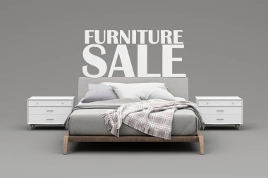 İç dizayn konsepti ev dekorasyonu ve mobilya satışları promosyonlar ve indirimler sırasında, yatak, kanepe, koltuk ve reklam alanları ile çevrilidir. Pastel arka plan. 3d hazırlayıcı