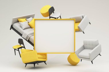 İç dizayn konsepti ev dekorasyonu ve mobilya satışları promosyonlar ve indirimler sırasında, yatak, kanepe, koltuk ve reklam alanları ile çevrilidir. Pastel arka plan. 3d hazırlayıcı