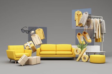 Moda kıyafetleri çevrimiçi alışveriş promosyonları ve indirimler sırasında etrafı gömlekler, ayakkabılar, güneş gözlükleri, hediye kutuları ve reklam alanı pastel arka planlı paketlerle çevrili olacak.