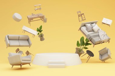 İç dizayn konsepti ev dekorasyonu ve mobilya satışları promosyonlar ve indirimler sırasında, yatak, kanepe, koltuk ve reklam alanları ile çevrilidir. Pastel arka plan. 3d hazırlayıcı