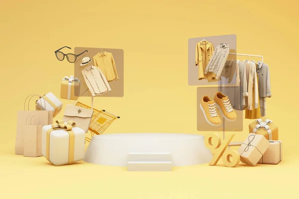 Moda kıyafetleri çevrimiçi alışveriş promosyonları ve indirimler sırasında etrafı gömlekler, ayakkabılar, güneş gözlükleri, hediye kutuları ve reklam alanı pastel arka planlı paketlerle çevrili olacak.