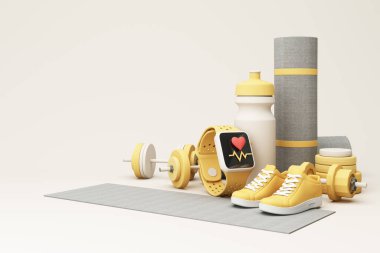 3 boyutlu çizim, spor aletleri, erkek ve kadın konsepti, yoga minderi, su şişesi, halterler, ağırlıklar, spor ayakkabıları ve nabız saatleri pastel arka planda izole edilir. 3d hazırlayıcı