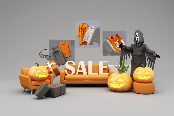 Halloween Sale Promotion Poster or banner with Halloween Pumpkin and fashion shopping clothes and gift box with Product podium scene.Website spooky,Background for banner Halloween template. 3d render