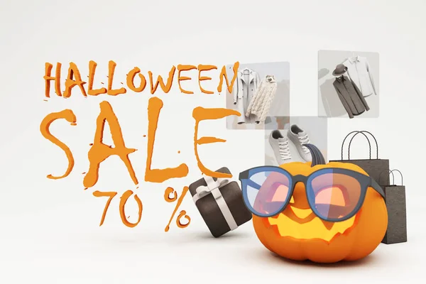 Halloween Sale Promotion Poster or banner with Halloween Pumpkin and fashion shopping clothes and gift box with Product podium scene.Website spooky,Background for banner Halloween template. 3d render
