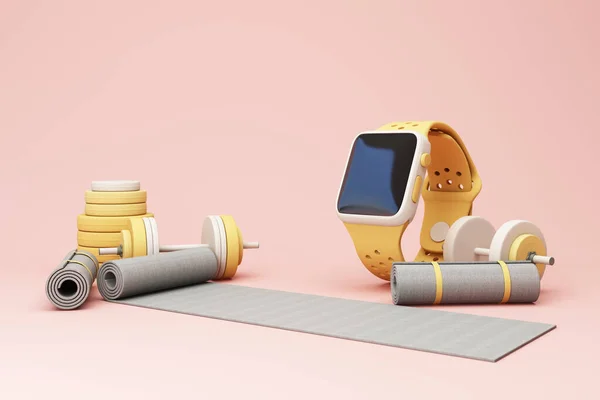 3D render illustration, sport fitness equipment, male and female concept, yoga mat, dumbbells, weights, with Fitness shoes and pulse watches isolate on pastel background. 3d render