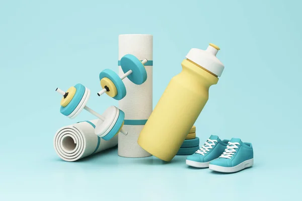 3D render illustration, sport fitness equipment, male and female concept, yoga mat, bottle of water, dumbbells, weights, with Fitness shoes and isolate on pastel background. 3d render