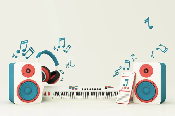 Elektrische Klaviertastatur Umgeben Von Lautsprechern Kopfhörern Smartphone Mit Songwiedergabeliste Und — Stockfoto