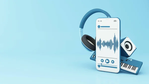 Telefon Umgeben Von Lautsprechern Kopfhörern Smartphone Mit Song Abspielliste Und — Stockfoto