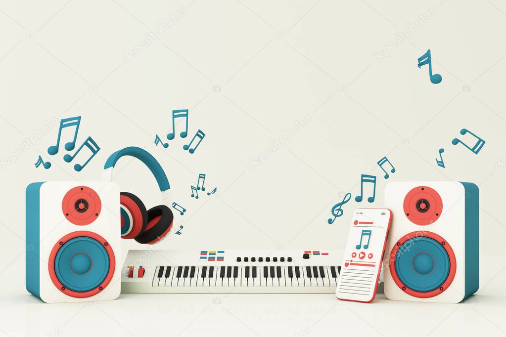 Electric piano keyboard surrounded by speakers, headphones, smart phone with song play list and music key note isolated on pastel background. 3d rendering