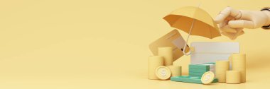 Para koruması kavramı, finansal tasarruf hayat sigortası. Güvenli yatırım, etrafını altın sikke ve kumbarayla çevreleyen pastel geniş ekran arka planda izole edilmiş 3D gerçekçi.