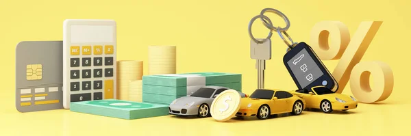 car keys chain to buyer. dealer car and rental or sale and car insurance, tax or savings to buy a car concept with money cash and calculator and money coins pastel background. widescreen 3d rendering