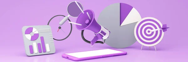 business promotion, advertising, call through the horn, online alerting with megaphone and online social media isolated on pastel color background. widescreen realistic 3d rendering