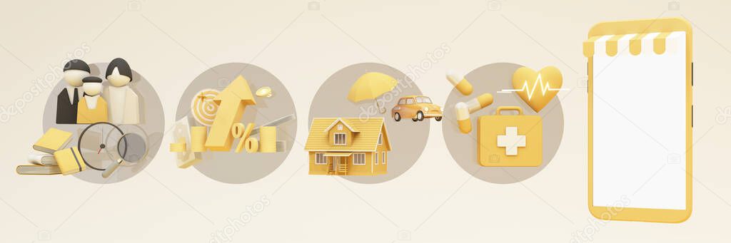 Insurance company client take out complete insurance concept. Assurance and insurance: car, real estate and property, travel, finances, health, family life. pastel background widescreen. 3d render