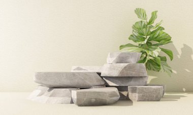 Arka planda bitki dalları, yaprakları ve doğal suyla beton kayadan yapılmış kaliteli podyum. Sergiler, ürünlerin sunumu, terapi, rahatlama ve sağlığın sunumu için hazırlan..