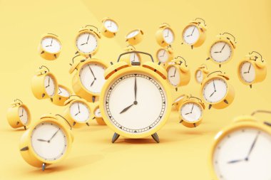 Pastel arka planda çalışan sarı antika çalar saat. Doğal ışık bir sürü klasik çalar saatle çevrili. Gerçekçi illüstrasyon. 3d oluşturma