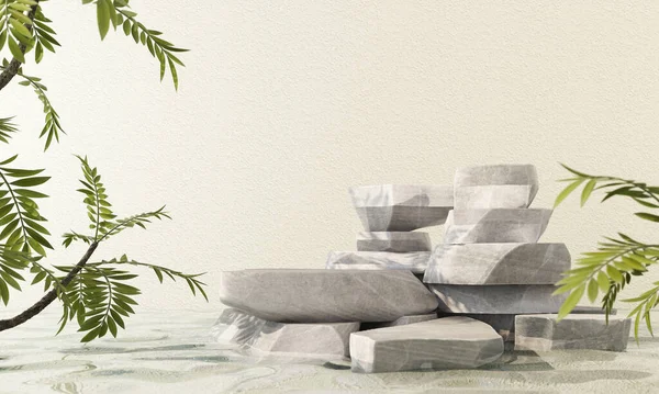 Premium podium made of concrete stone rock on background with plant branches,leaves and natural water.Mock up for the exhibitions,presentation of products, therapy, relaxation and health -3d render.
