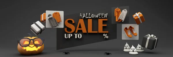 Halloween Sale Promotion Poster  with Halloween Pumpkin and fashion shopping clothes and gift box with Product podium scene. Website spooky, Background for banner Halloween. wide screen -3d render