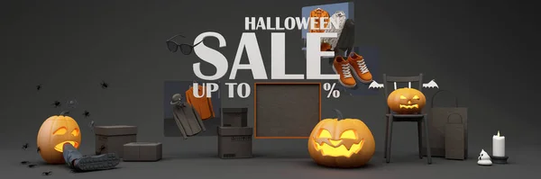 Halloween Sale Promotion Poster  with Halloween Pumpkin and fashion shopping clothes and gift box with Product podium scene. Website spooky, Background for banner Halloween. wide screen -3d render