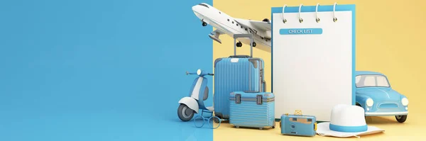 Travel and adventure and departure concept In summer, surrounded by luggage, camera, sunglasses, hat with scooter car and airplane and world map. pastel tones on web banner form. cartoon -3d render