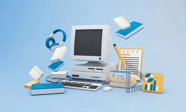 Back to school join to online learning with school supplies and equipment. laptop computer screen with phone and school accessories and textbooks on yellow and blue background. cartoon -3D Rendering
