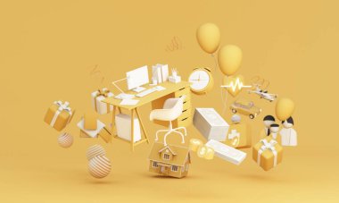 The table floats among the goals and achievements in life, home, car, family and health, in the concept of success and living through hard work. in cartoon illustrations -3d rendering