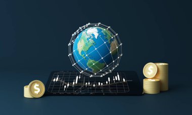 Financial technology concept. Fintech. Crypto currency. Electronic money. Cashless payment. Modern Monetary Theory. 3d rendering