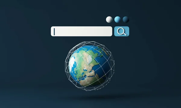 Globe and search bar minimal internet concept in the new world concept and wireless connection to find and work in the future world on a blue background. 3d rendering