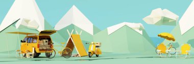 low poly cartoon style. Mobile homes van and tents camping in the national park, bicycles, ice buckets, guitars and chairs, and trees with clouds and mountains on background. 3d render wide screen