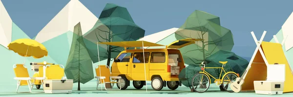 low poly cartoon style. Mobile homes van and tents camping in the national park, bicycles, ice buckets, guitars and chairs, and trees with clouds and mountains on background. 3d render wide screen
