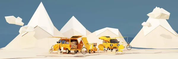 Low Poly Cartoon Style Mobile Homes Van Tents Camping National — Photo