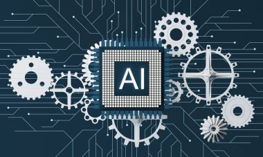 Artificial intelligence web banner. of a processor chip. The process of data processing. Developments in modern technologies. Microcircuits on neon glowing background. 3D rendering