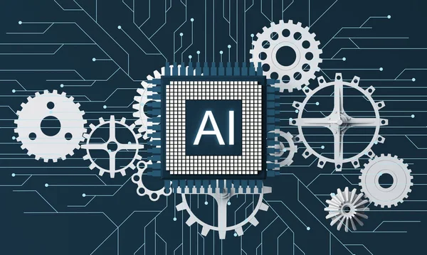 Artificial intelligence web banner. of a processor chip. The process of data processing. Developments in modern technologies. Microcircuits on neon glowing background. 3D rendering