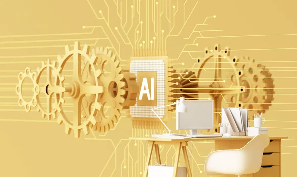 Yellow work desk with laptop computer In the future that works with artificial intelligence and modern technology. the goals of company work hard. on the background AI chip and circuit. 3d rendering