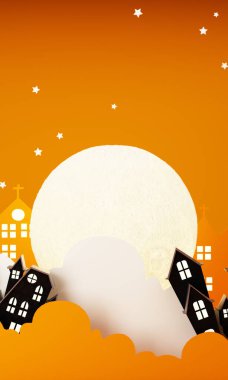 Çizgi filmdeki gece bulutları ve balkabaklarıyla hazırlanmış Cadılar Bayramı parti posterleri. Dolunay ve hayaletin hayaletli evi var. Broşür geçmişi. 3d çizim karakteri